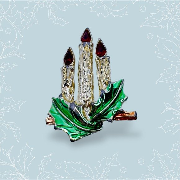 Christmas Candle Brooch Pin Vintage Jewelry Holly Triple Red Flames Holidays - Picture 4 of 5